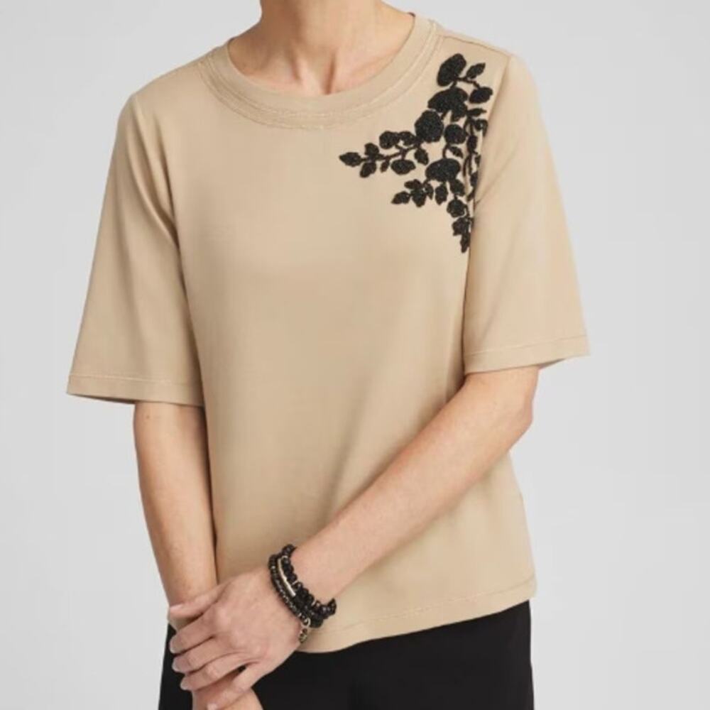 Chico's Touch of Cool Embellished Floral Beaded T-Shirt Womens Size 2 Large Chic
